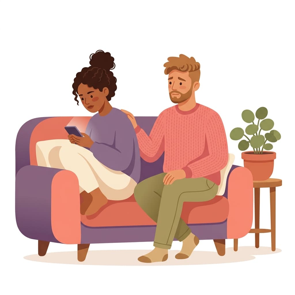 A couple on a sofa — she's on her phone while he tries to connect